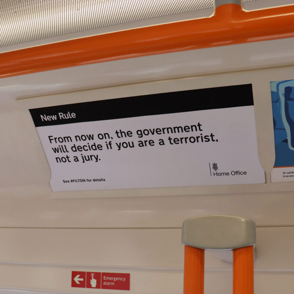 Home office graphic design and logo. New Rules. One - From now on, the government will decide if you are a terrorist, not a jury.