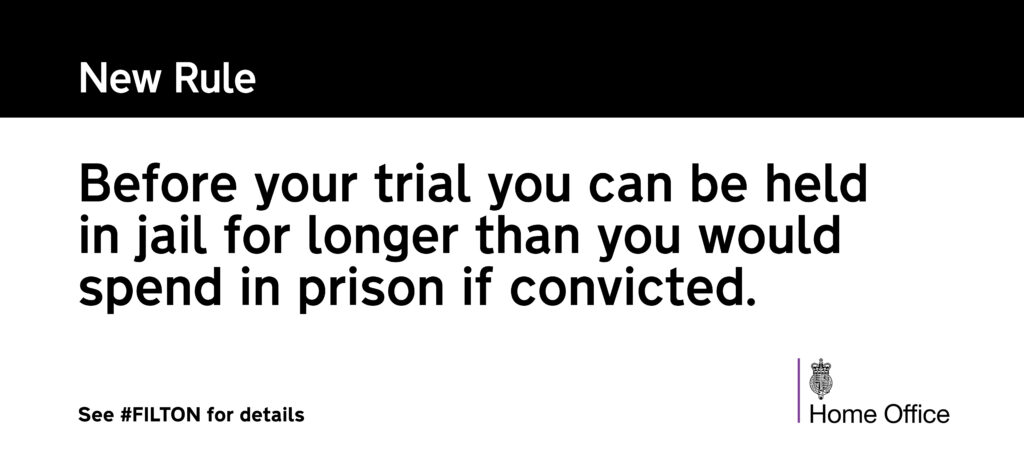 Home office graphic design and logo. New Rules. Before your trial you can be held in jail for longer than you would spend in prison if convicted. See #FILTON for details.